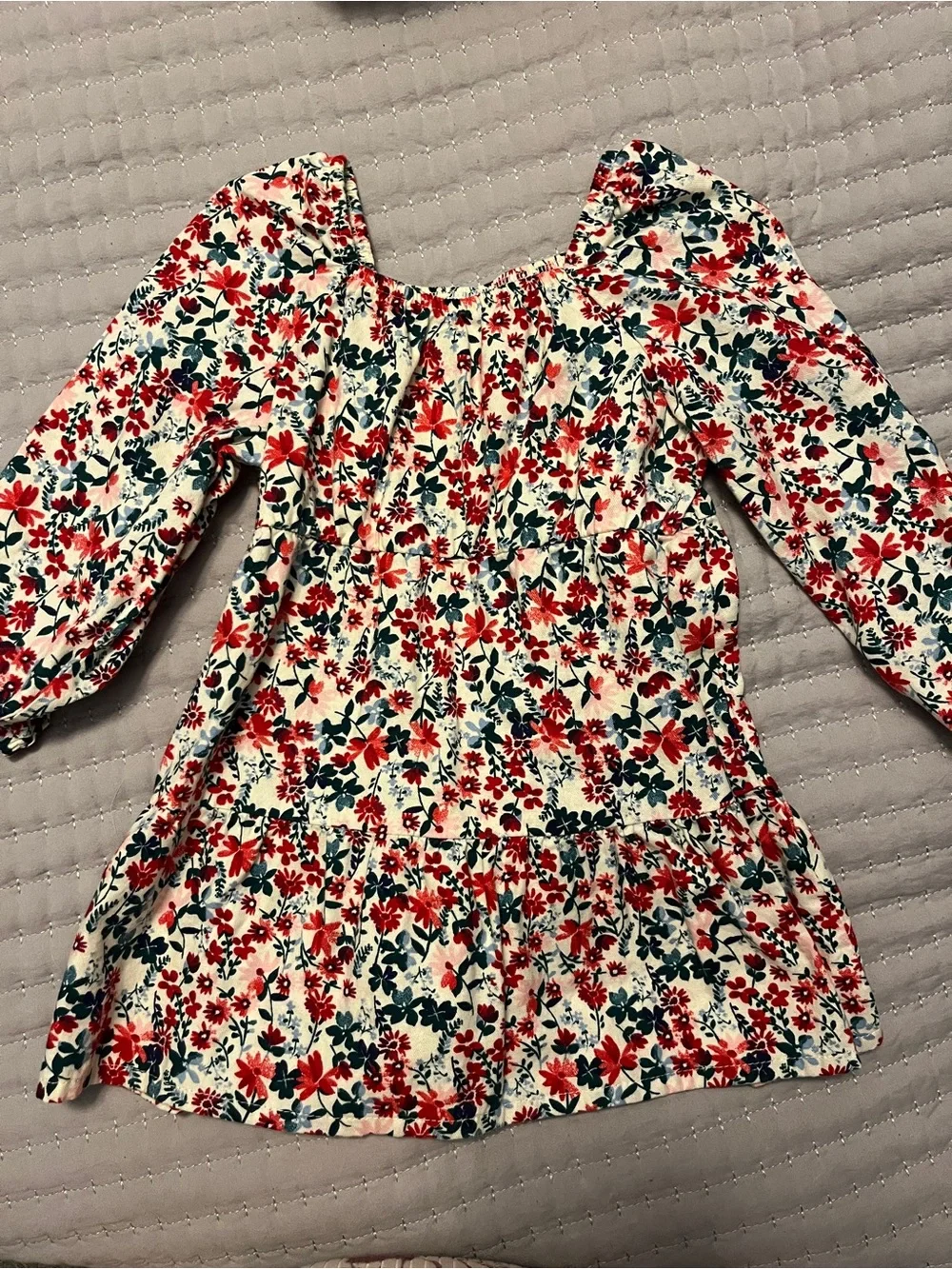 wonder nation Cream Floral Smocked Long-Sleeve Dress with Red & Green Print